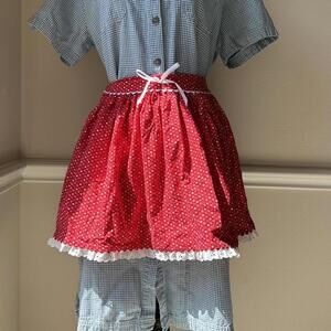 Vintage handmade by grandma Red and white hearts apron with white lace trim